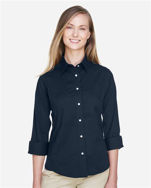 Women's Perfect Fit™ Three-Quarter Sleeve Stretch Poplin Dress Shirt - OnModelFront - B733B2655 - Navy