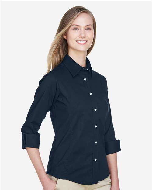 Women's Perfect Fit™ Three-Quarter Sleeve Stretch Poplin Dress Shirt - OnModelSide - B733B2655 - Navy
