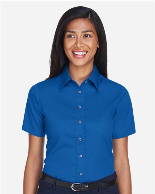 Women's Easy Blend™ Short Sleeve Twill Dress Shirt with Stain-Release - OnModelFront - B238B9758 - French Blue