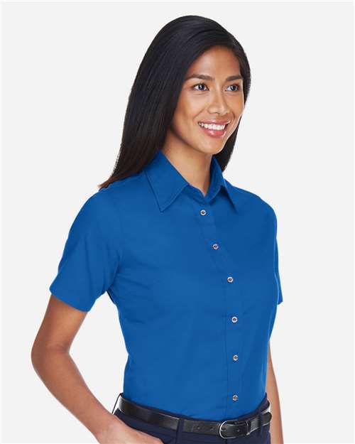 Women's Easy Blend™ Short Sleeve Twill Dress Shirt with Stain-Release - OnModelSide - B238B9758 - French Blue