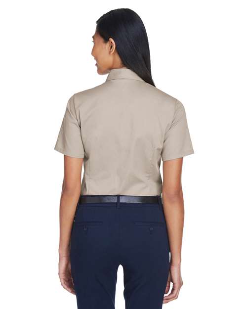 Women's Easy Blend™ Short Sleeve Twill Dress Shirt with Stain-Release - OnModelBack - B238B9243 - Stone