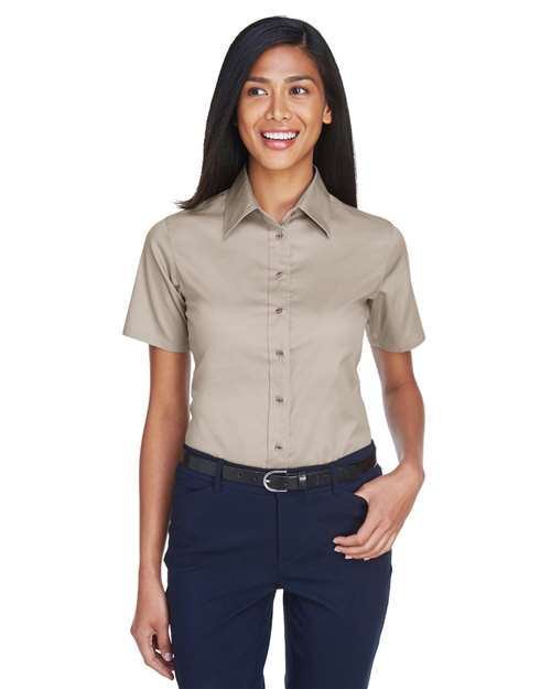 Women's Easy Blend™ Short Sleeve Twill Dress Shirt with Stain-Release - OnModelFront - B238B9243 - Stone