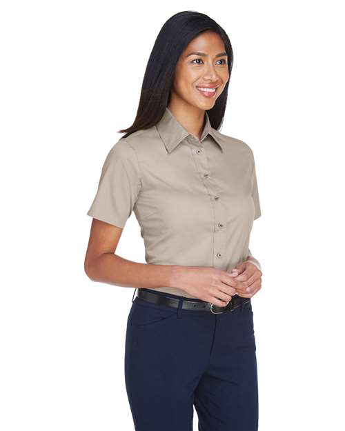 Women's Easy Blend™ Short Sleeve Twill Dress Shirt with Stain-Release - OnModelSide - B238B9243 - Stone