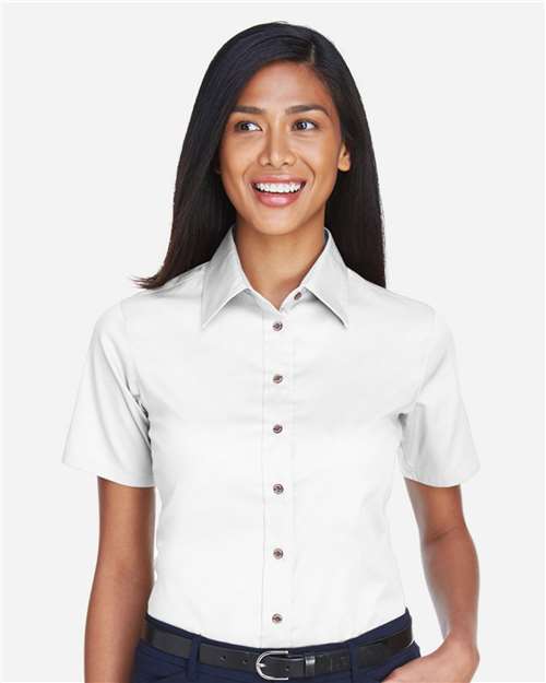Women's Easy Blend™ Short Sleeve Twill Dress Shirt with Stain-Release - OnModelFront - B238B9008 - White