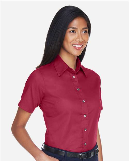 Women's Easy Blend™ Short Sleeve Twill Dress Shirt with Stain-Release - OnModelSide - B238B9536 - Wine