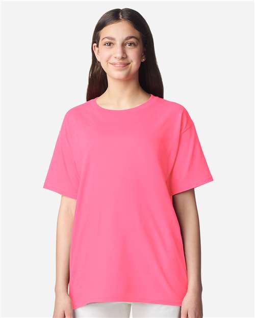 Youth Light Cotton T-Shirt - OnModelFront - B04660342 - Safety Pink