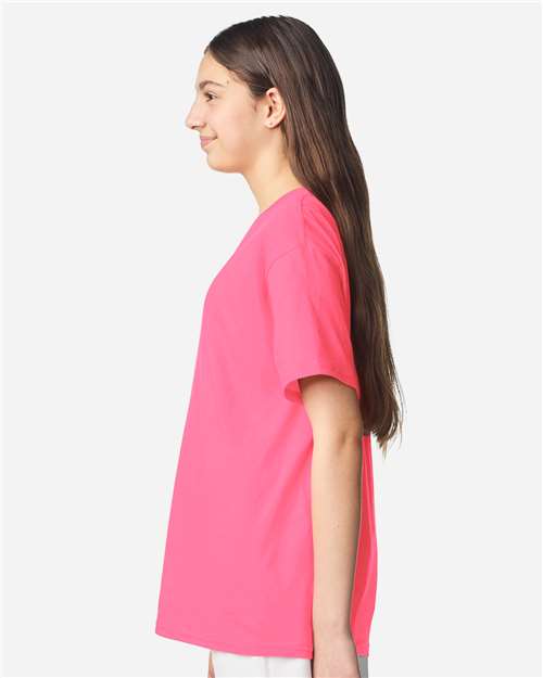 Youth Light Cotton T-Shirt - OnModelSide - B04660342 - Safety Pink