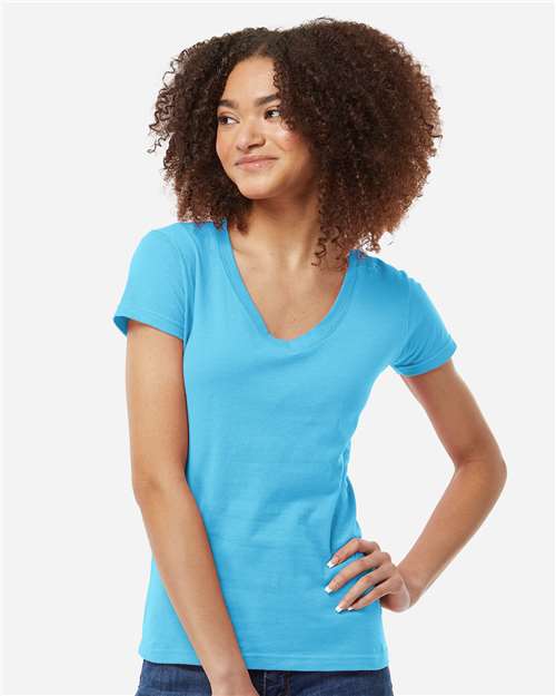 Women's Fine Jersey V-Neck T-Shirt - OnModelFront - B20259042 - Aqua