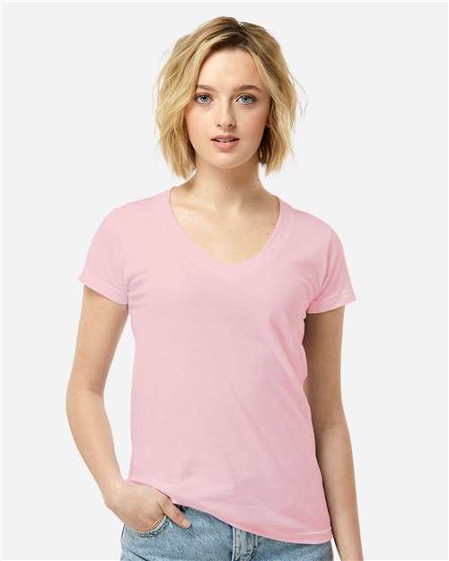 Women's Fine Jersey V-Neck T-Shirt - OnModelFront - B20259302 - Pink