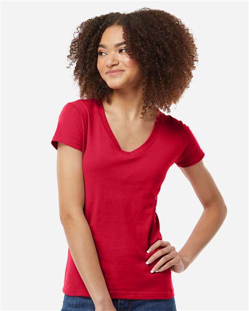Women's Fine Jersey V-Neck T-Shirt - OnModelFront - B20259702 - Red