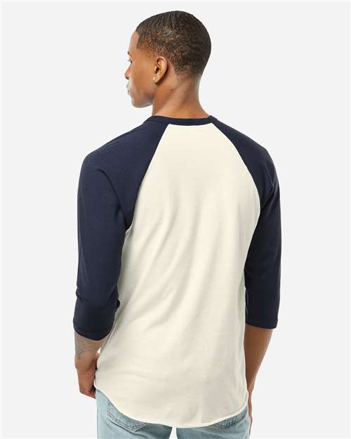 Unisex Fine Jersey Raglan T-Shirt - OnModelBack - B30359642 - Vintage White/ Navy