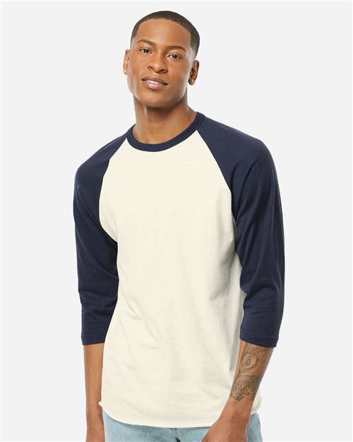 Unisex Fine Jersey Raglan T-Shirt - OnModelFront - B30359642 - Vintage White/ Navy