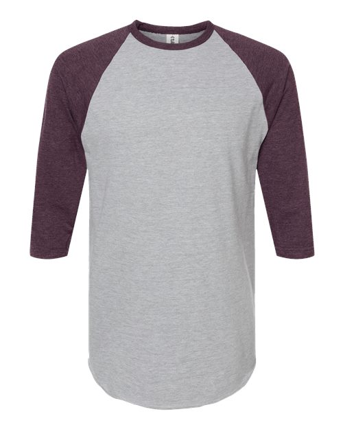 Unisex Fine Jersey Raglan T-Shirt - Front - B30359532 - Heather Grey/ Heather Maroon