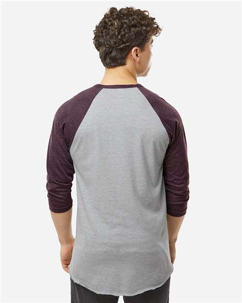Unisex Fine Jersey Raglan T-Shirt - OnModelBack - B30359532 - Heather Grey/ Heather Maroon