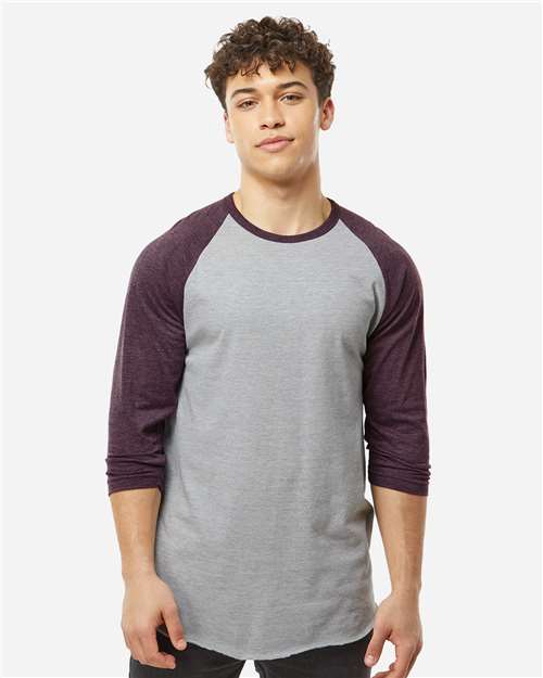 Unisex Fine Jersey Raglan T-Shirt - OnModelFront - B30359532 - Heather Grey/ Heather Maroon