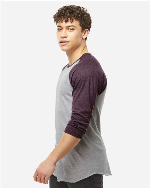 Unisex Fine Jersey Raglan T-Shirt - OnModelSide - B30359532 - Heather Grey/ Heather Maroon