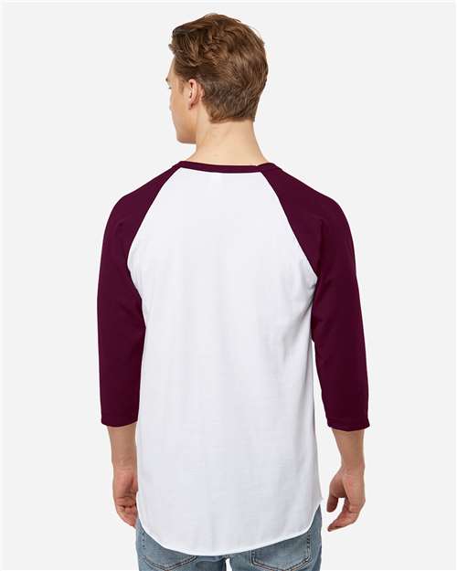 Unisex Fine Jersey Raglan T-Shirt - OnModelBack - B30359522 - White/ Maroon