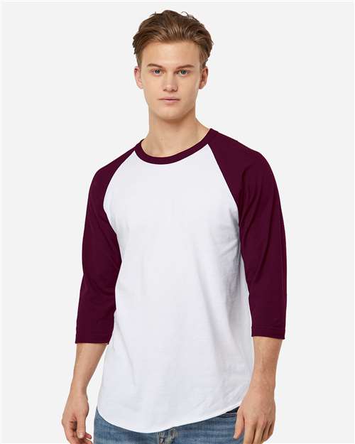 Unisex Fine Jersey Raglan T-Shirt - OnModelFront - B30359522 - White/ Maroon