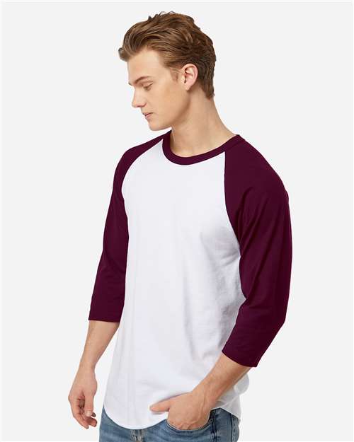 Unisex Fine Jersey Raglan T-Shirt - OnModelSide - B30359522 - White/ Maroon