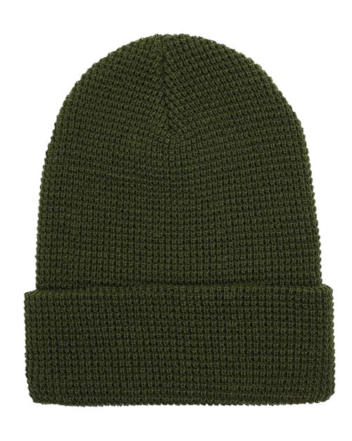 Waffle Cuffed Knit Beanie - Front - B40995540 - Olive