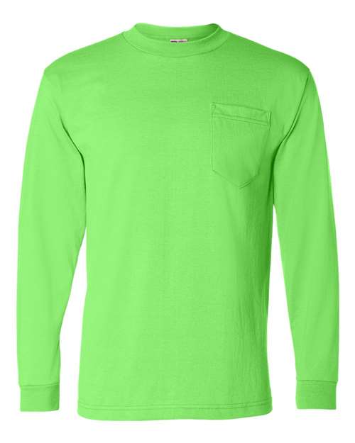 USA-Made 50/50 Long Sleeve Pocket T-Shirt - Front - B05979173 - Safety Green