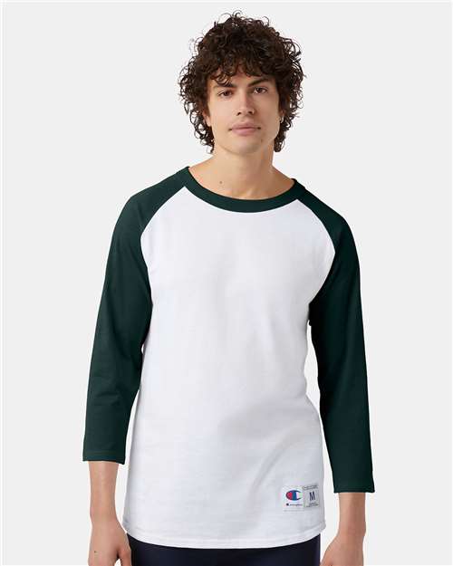 Unisex Raglan Sleeve Baseball T-Shirt - OnModelFront - B04884195 - White/ Dark Green