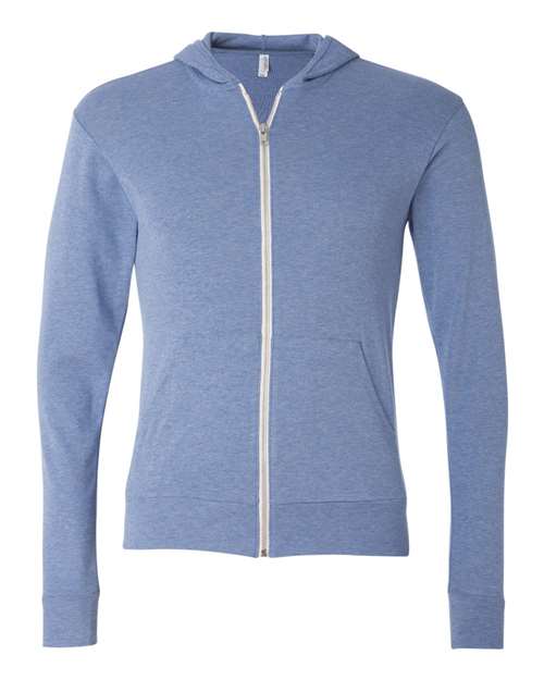 Triblend Lightweight Full-Zip Hooded Long Sleeve Tee - Front - B08906252 - Blue Triblend