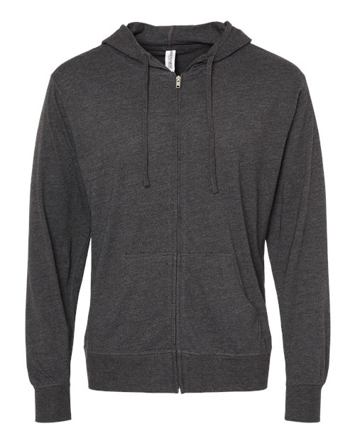 Lightweight Jersey Full-Zip Hooded T-Shirt - Front - B01876092 - Charcoal Heather