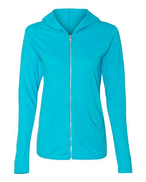 Women's Triblend Full-Zip Hooded Long Sleeve T-Shirt - Front - B14520973 - Heather Caribbean Blue