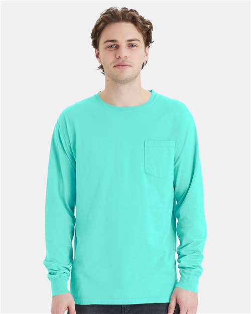 Garment-Dyed Long Sleeve T-Shirt With a Pocket - OnModelFront - B35400873 - Mint