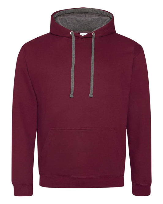 Unisex Midweight Varsity Contrast Hooded Sweatshirt - Front - B32701533 - Burgundy/ Charcoal