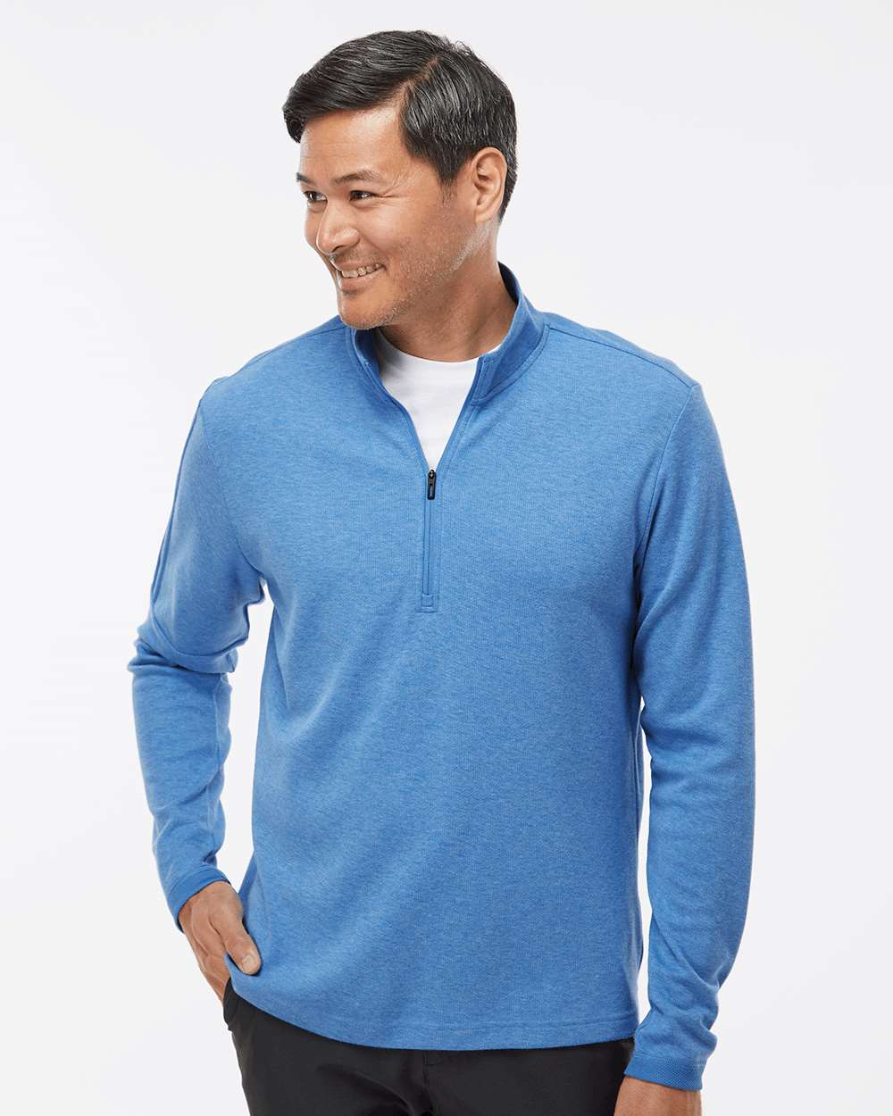 Men's 3-Stripes Quarter-Zip Sweater - OnModelFront - B07053253 - Focus Blue Melange