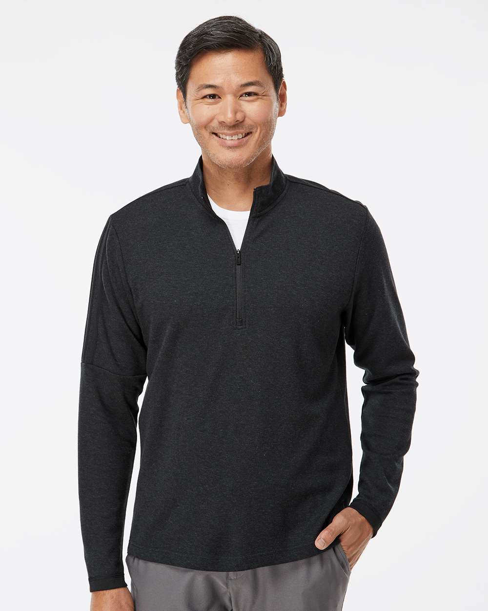 Men's 3-Stripes Quarter-Zip Sweater - OnModelFront - B07053503 - Black Melange