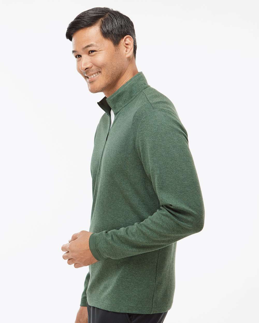 Men's 3-Stripes Quarter-Zip Sweater - OnModelSide - B07053173 - Green Oxide Melange