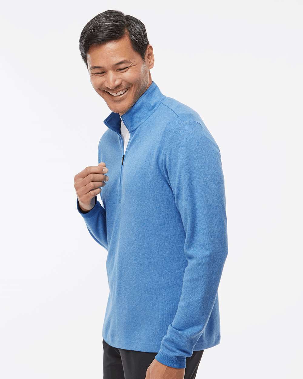 Men's 3-Stripes Quarter-Zip Sweater - OnModelSide - B07053253 - Focus Blue Melange
