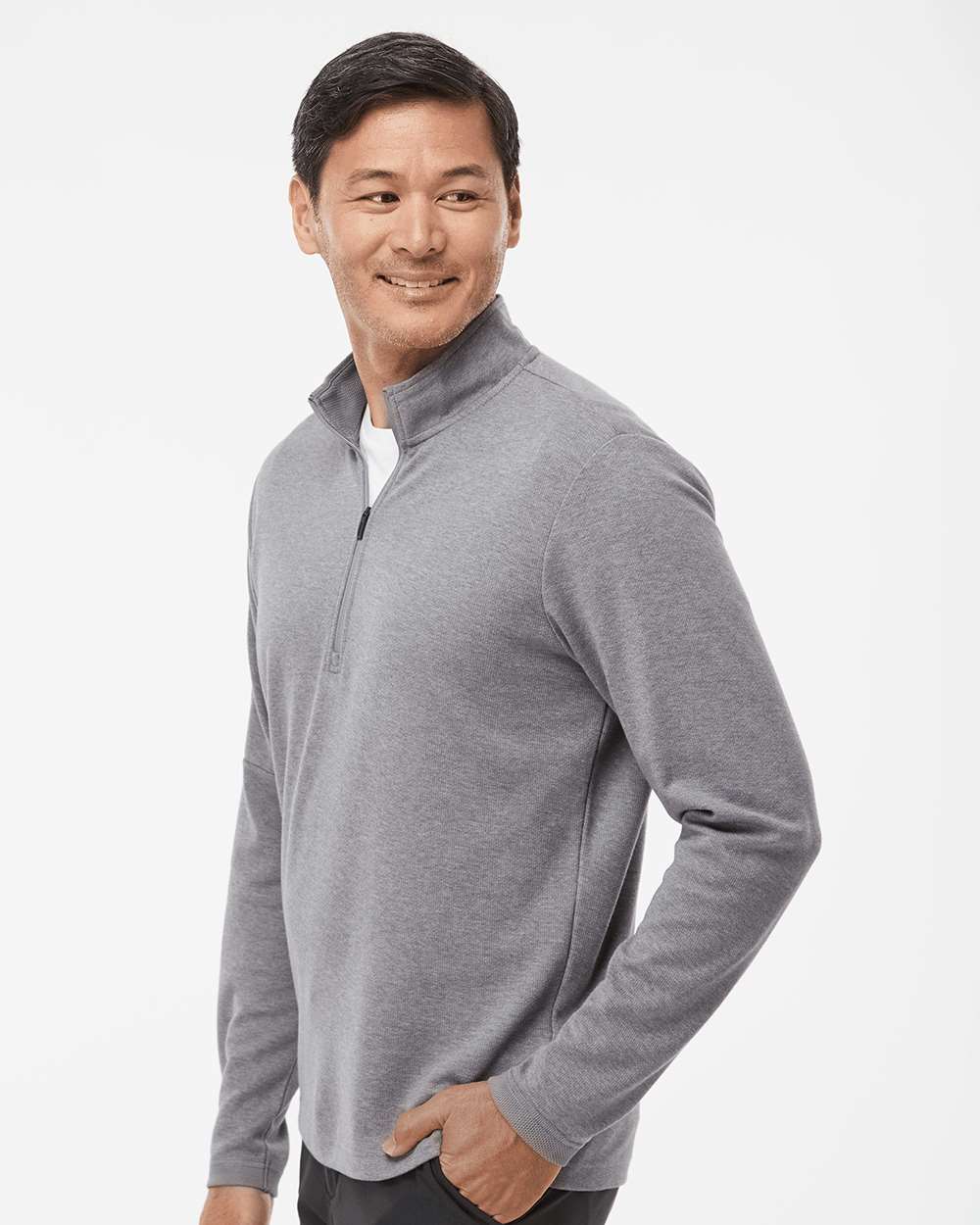 Men's 3-Stripes Quarter-Zip Sweater - OnModelSide - B07053353 - Grey Three Melange