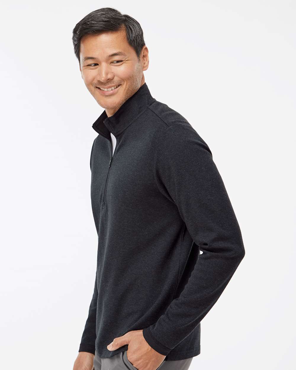 Men's 3-Stripes Quarter-Zip Sweater - OnModelSide - B07053503 - Black Melange
