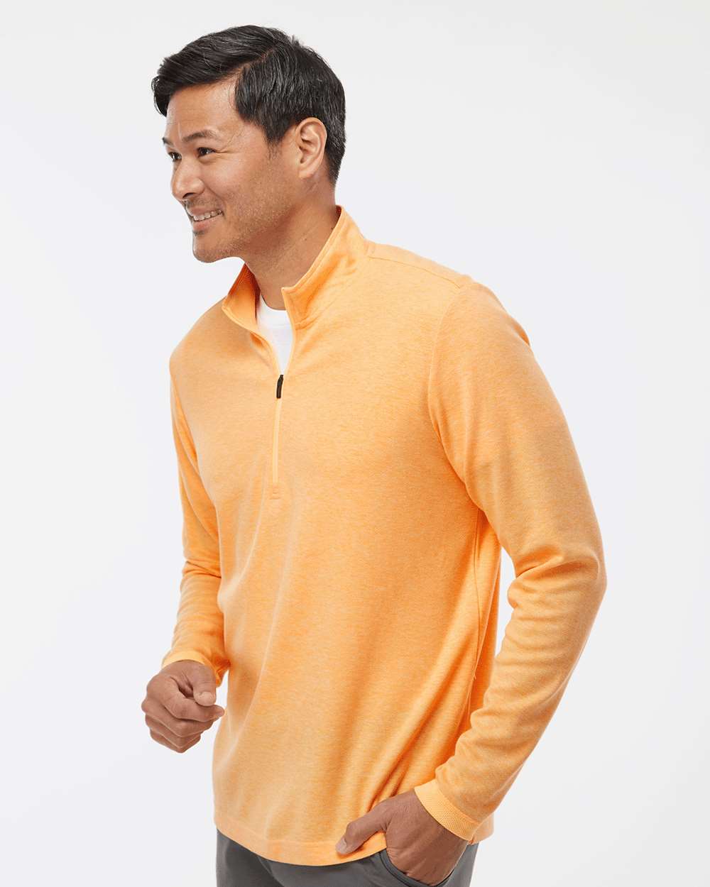 Men's 3-Stripes Quarter-Zip Sweater - OnModelSide - B07053663 - Acid Orange Melange