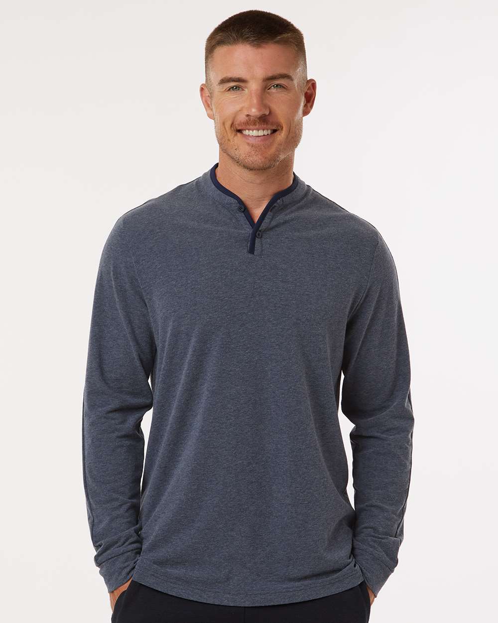 Men's Henley Long Sleeve T-Shirt - OnModelFront - B09653653 - Collegiate Navy Melange