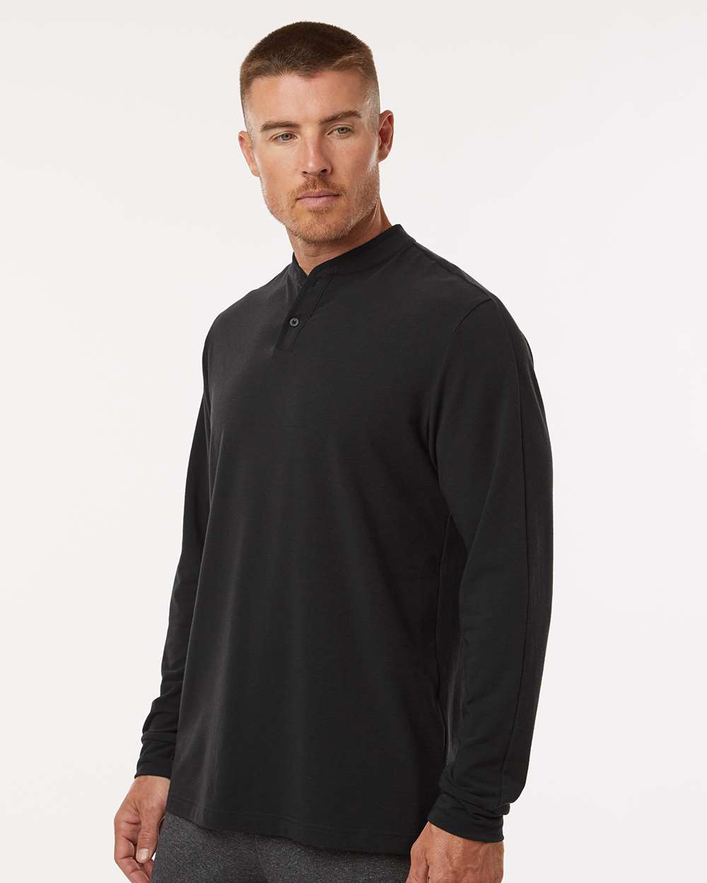 Men's Henley Long Sleeve T-Shirt - OnModelSide - B09653503 - Black