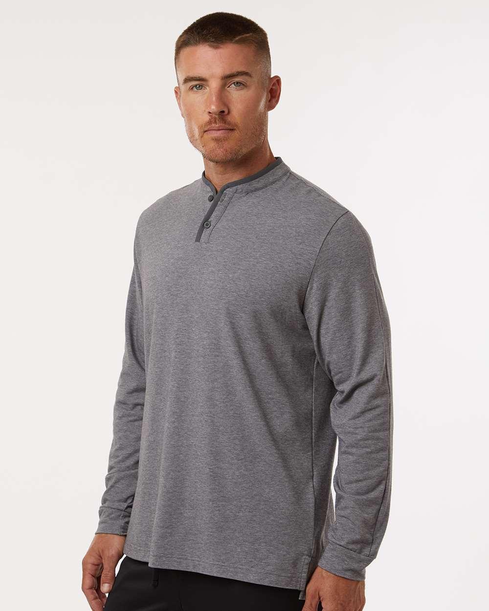 Men's Henley Long Sleeve T-Shirt - OnModelSide - B09653583 - Grey Five Melange