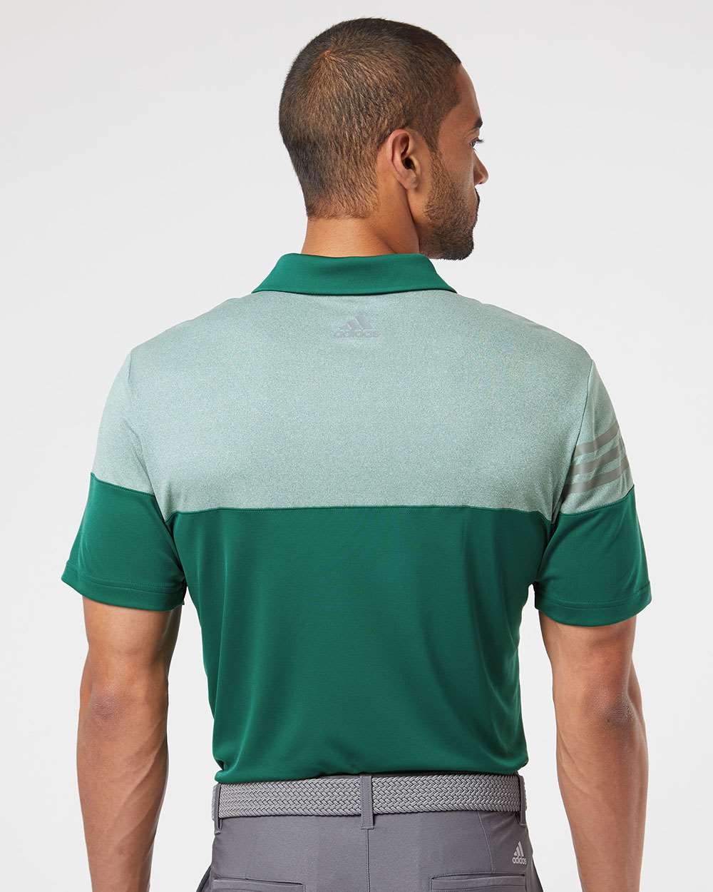 Men's Heathered 3-Stripes Colorblocked Polo - OnModelBack - B18353604 - Collegiate Green