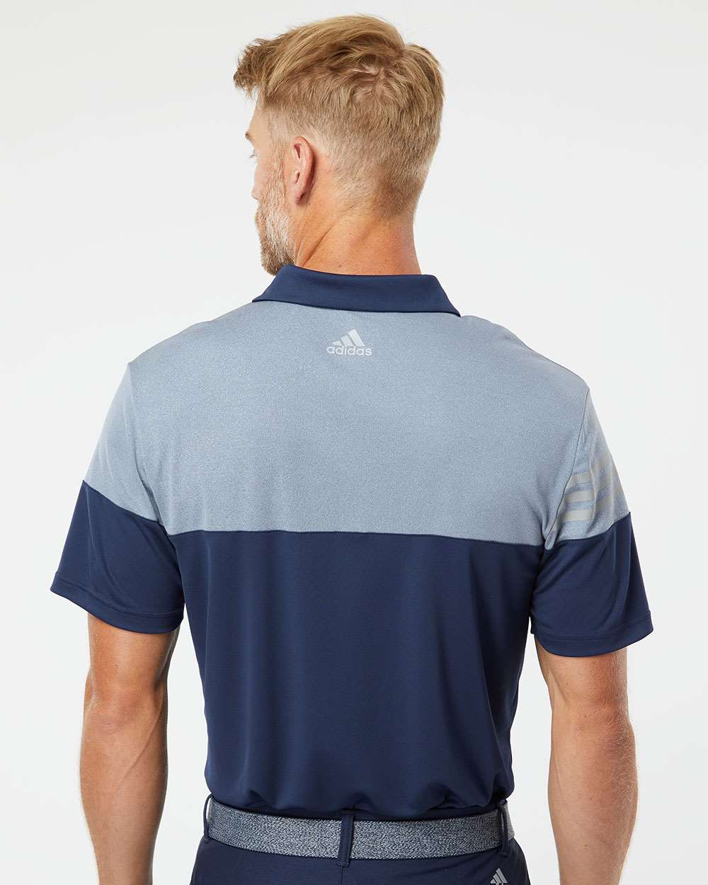 Men's Heathered 3-Stripes Colorblocked Polo - OnModelBack - B18353654 - Collegiate Navy/ Mid Grey