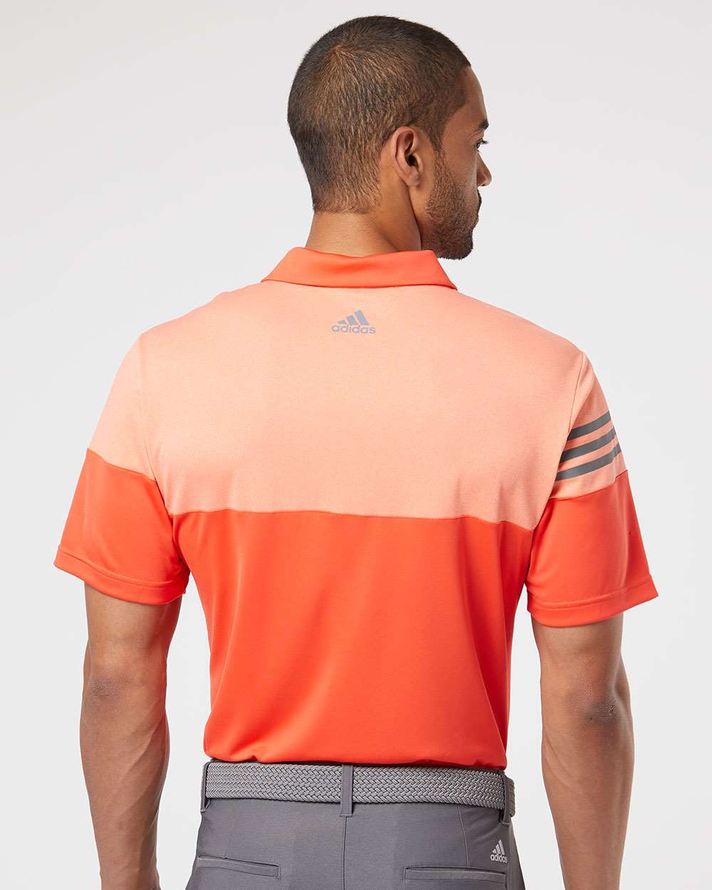 Men's Heathered 3-Stripes Colorblocked Polo - OnModelBack - B18353663 - Blaze Orange/ Vista Grey