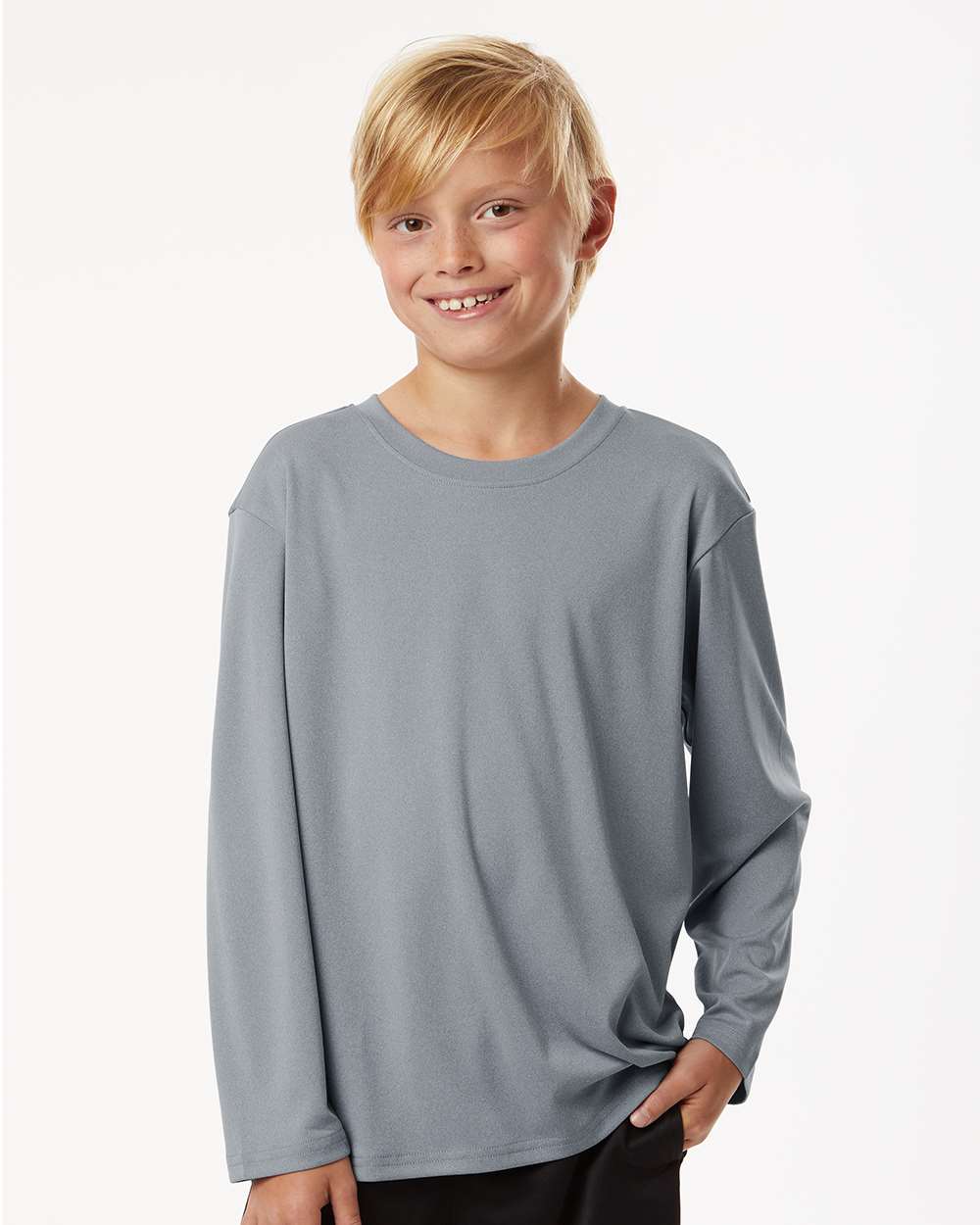 Youth Pro-Lock Performance Long Sleeve T-Shirt - OnModelFront - B00996092 - Heather Steel