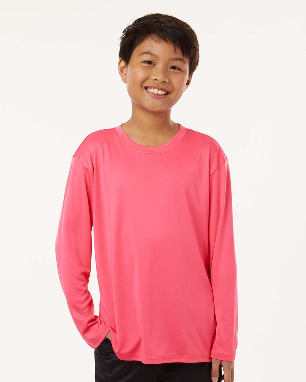 Youth Pro-Lock Performance Long Sleeve T-Shirt - OnModelFront - B00996302 - Bright Pink