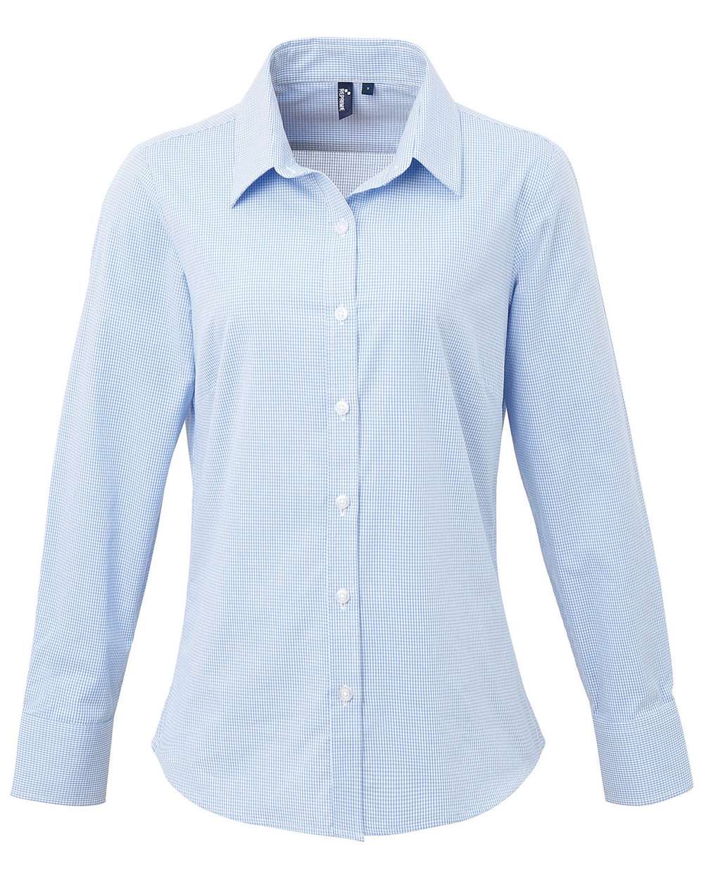 Women's Microcheck Gingham Cotton Shirt - Front - B400A1252 - Light Blue/ White
