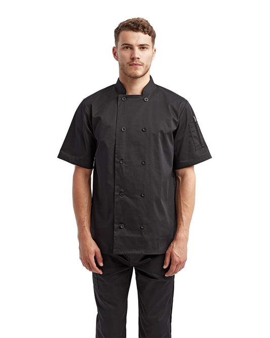 Unisex Short Sleeve Recycled Chef Coat - OnModelFront - B407A1502 - Black