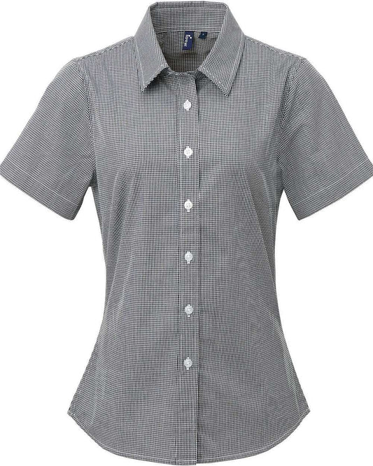 Women's Microcheck Gingham Short Sleeve Cotton Dress Shirt - Front - B401A1502 - Black/ White