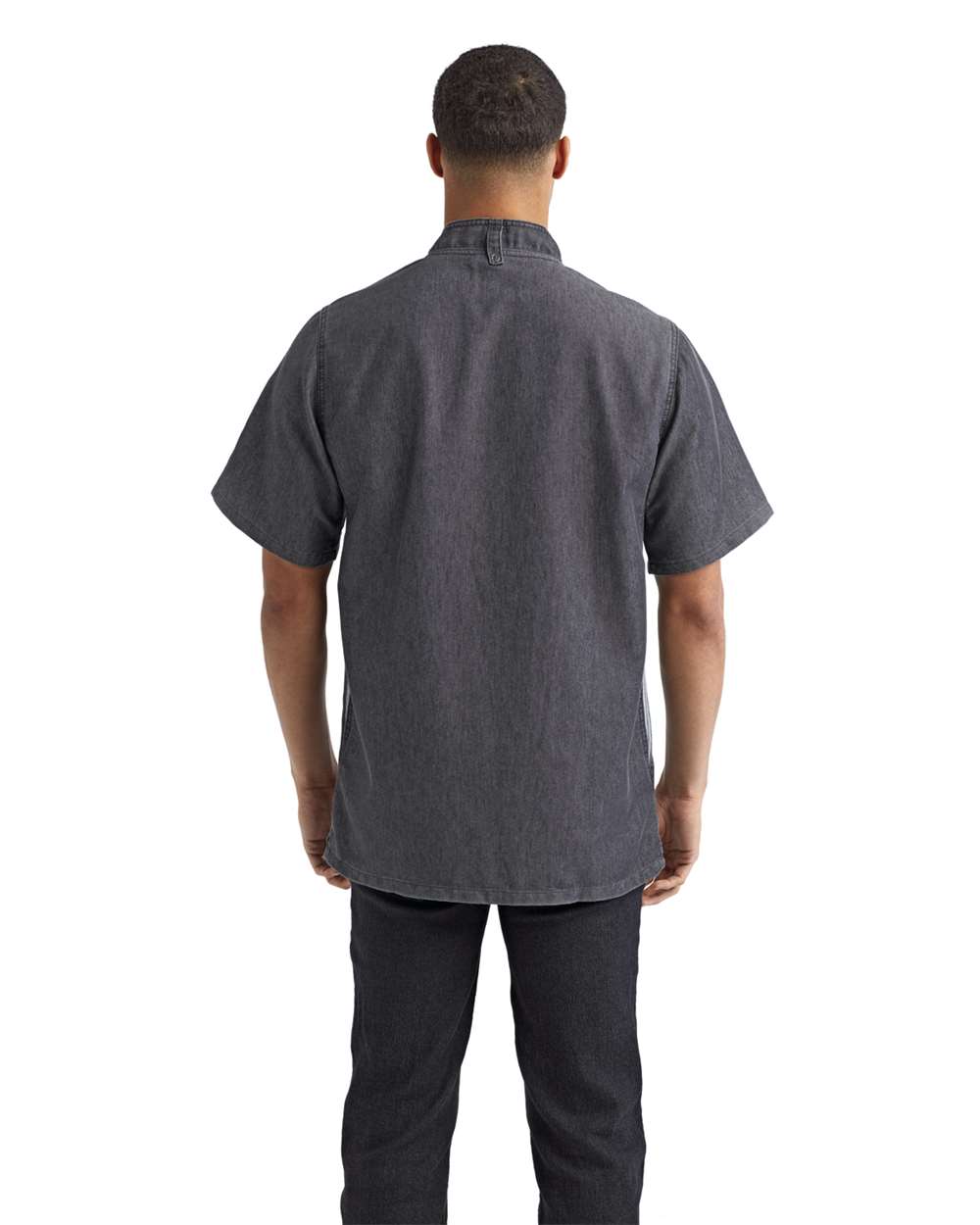 Unisex Zip-Close Short Sleeve Chef's Coat - OnModelBack - B413A1502 - Black Denim